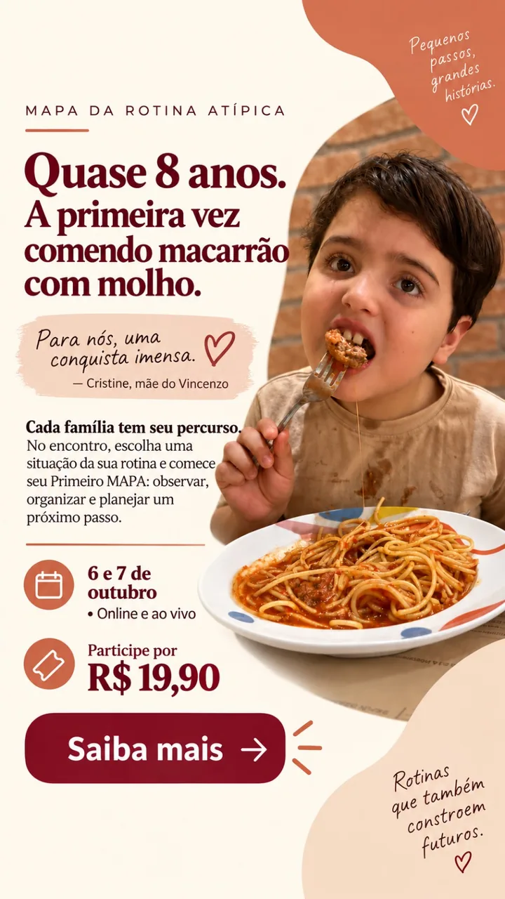 Vincenzo, filho da Cristine, comendo macarrão com molho pela primeira vez, aos quase 8 anos