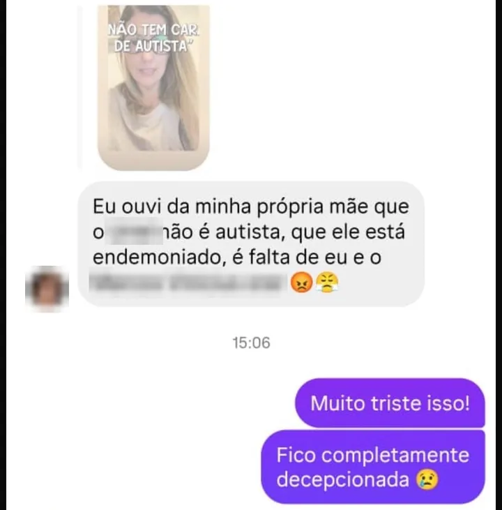 Conversa em que uma mãe conta à Cristine que ouviu da própria família que o filho não é autista
